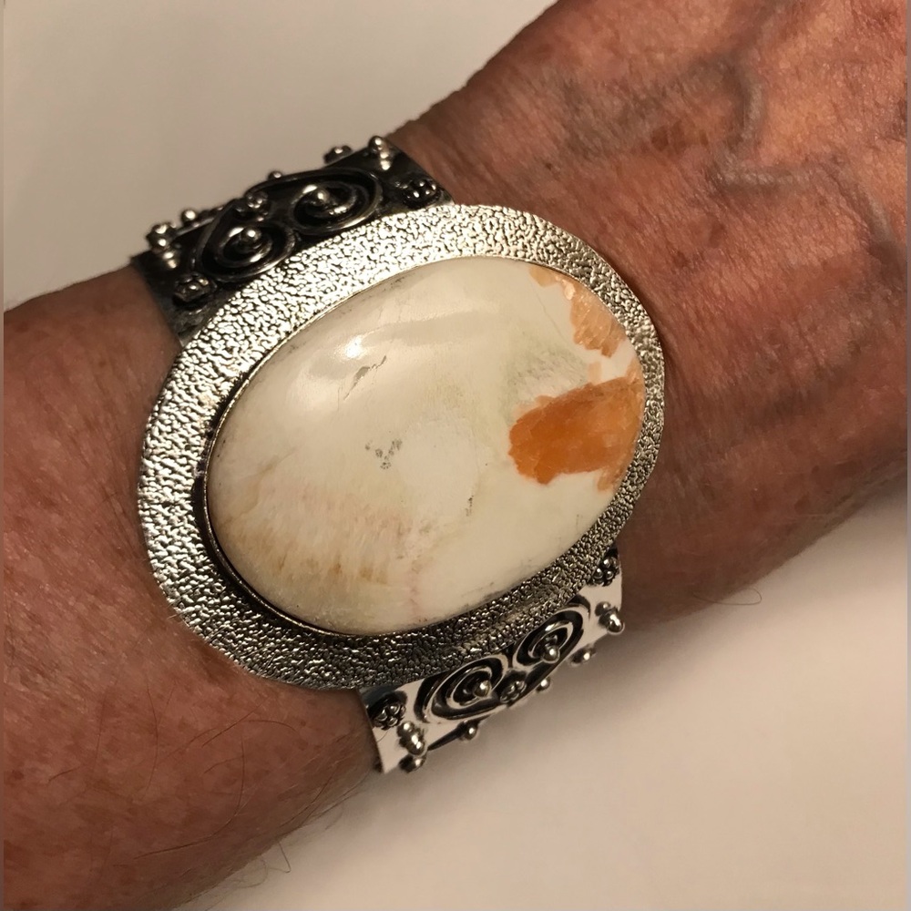 Scolecite Stamped Solid 925 Sterling Silver Cuff Bracelet